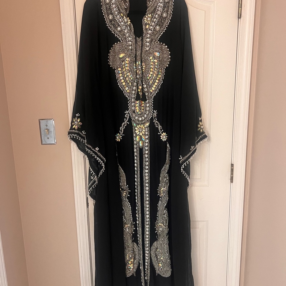 Embellished Black Kaftan with Silver Accents